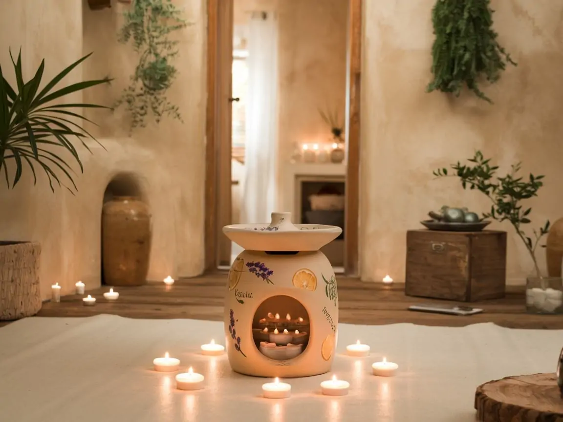 0Przytulny salon z kominkiem zapachowym i świeżymi aromatami