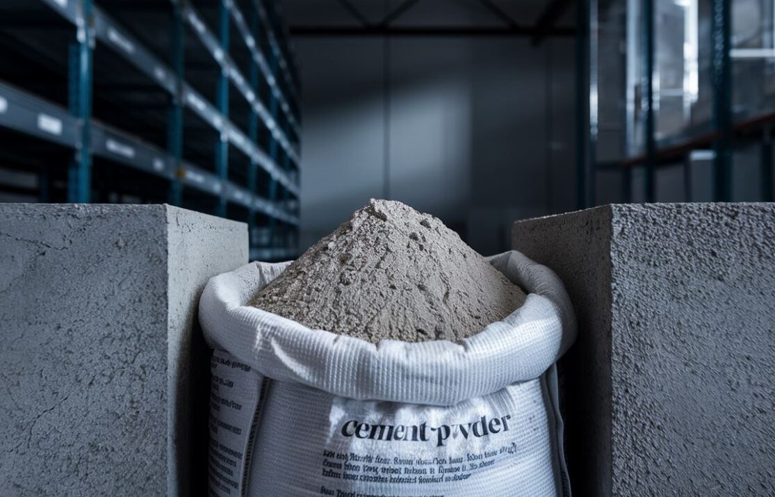 Cement w proszku obok utwardzonego betonu