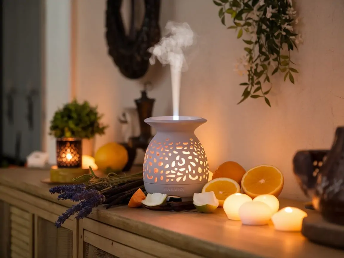 Ceramiczny kominek z płonącą świeczką tealight