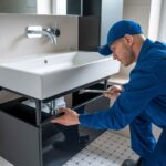 Hydraulik montujący szafkę z umywalką w łazience