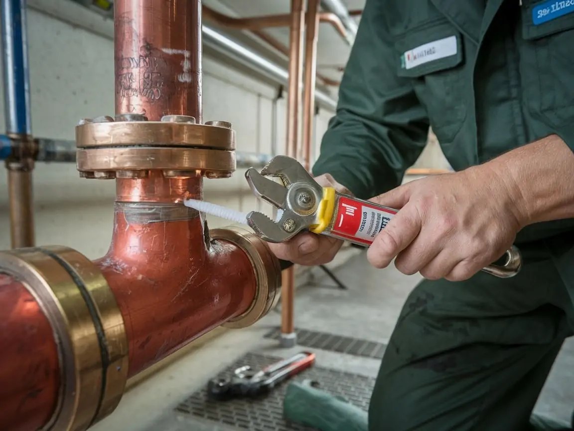 Hydraulik pracujący nad uszczelnieniem instalacji miedzianej
