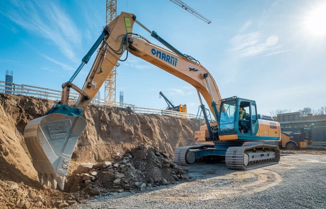 Koparka w otoczeniu narzędzi i materiałów budowlanych