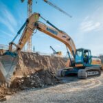 Koparka w otoczeniu narzędzi i materiałów budowlanych