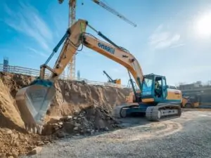 Koparka w otoczeniu narzędzi i materiałów budowlanych