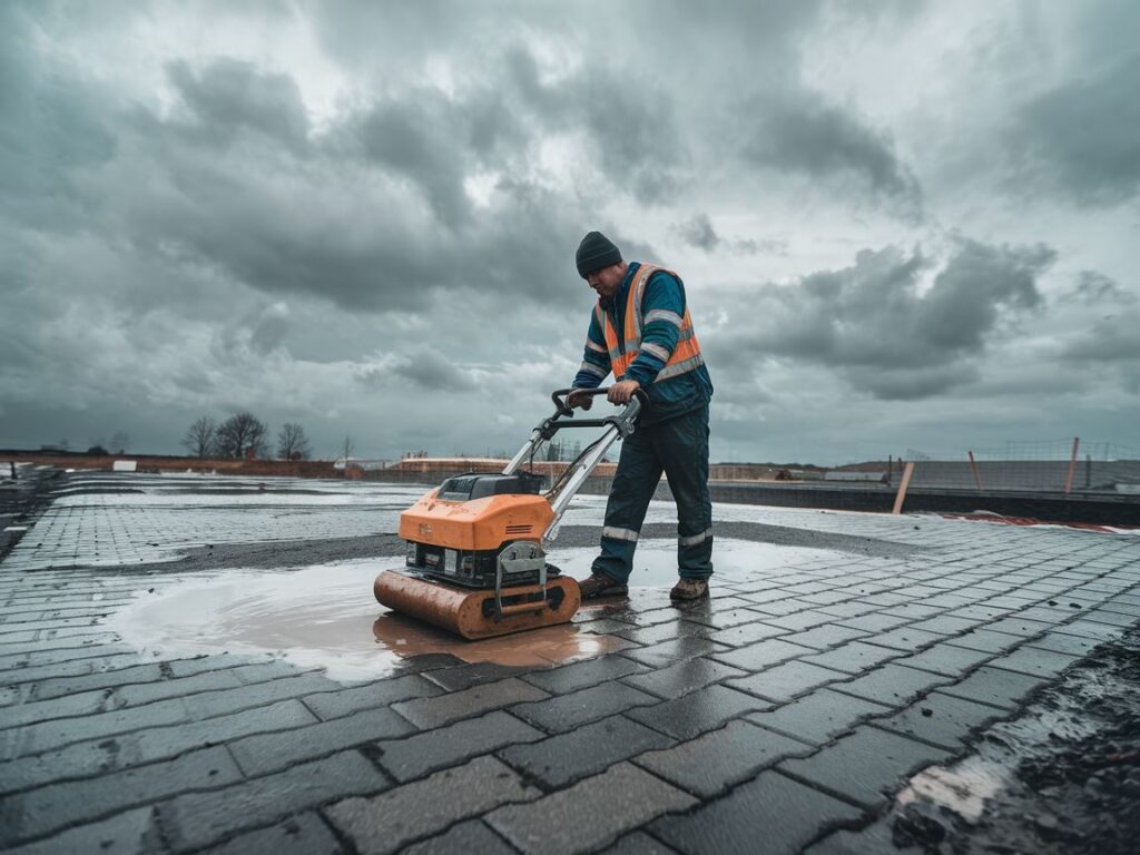 Pracownik zagęszczający mokrą kostkę brukową po deszczu