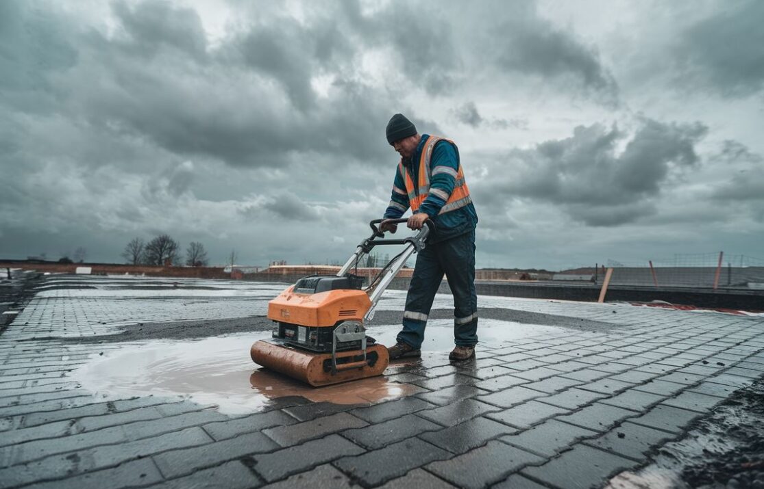 Pracownik zagęszczający mokrą kostkę brukową po deszczu