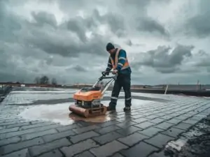 Pracownik zagęszczający mokrą kostkę brukową po deszczu