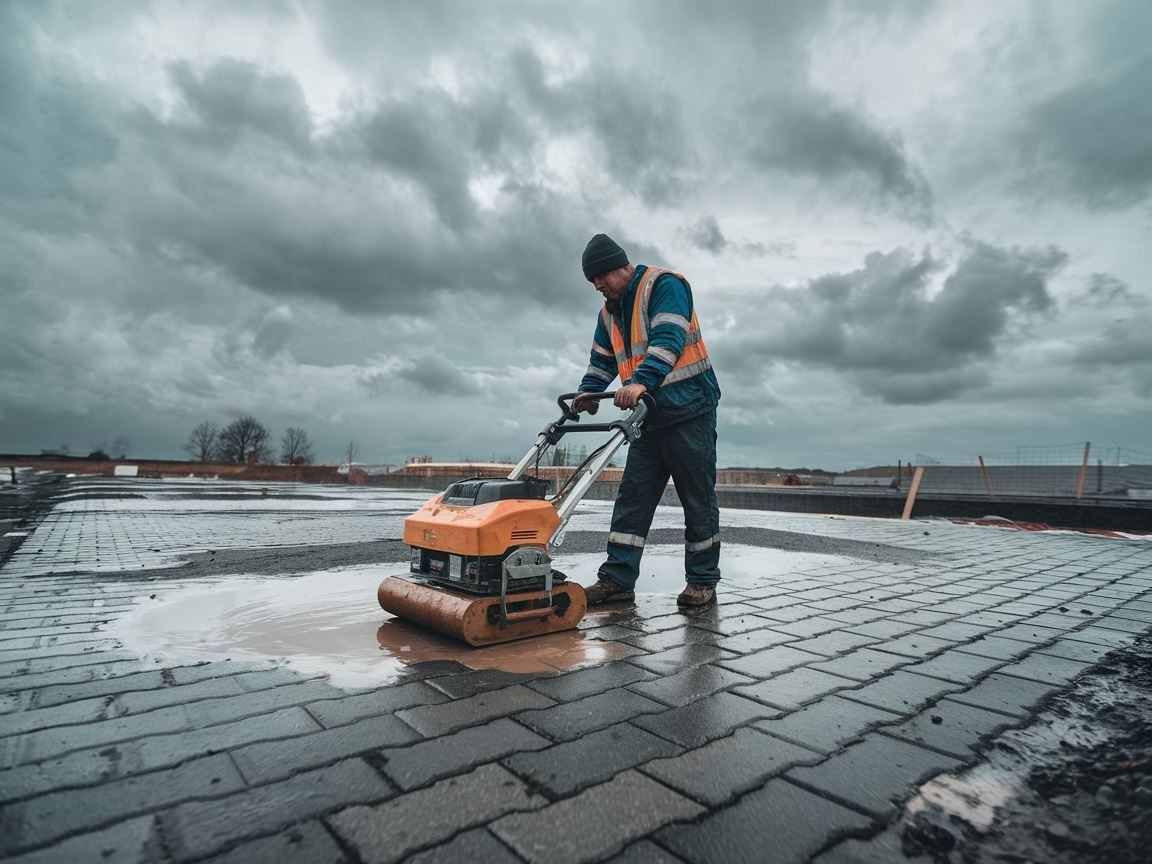 Pracownik zagęszczający mokrą kostkę brukową po deszczu