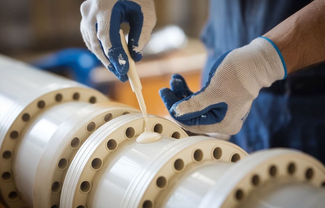 Ręce nakładające smar na uszczelki rur PCV