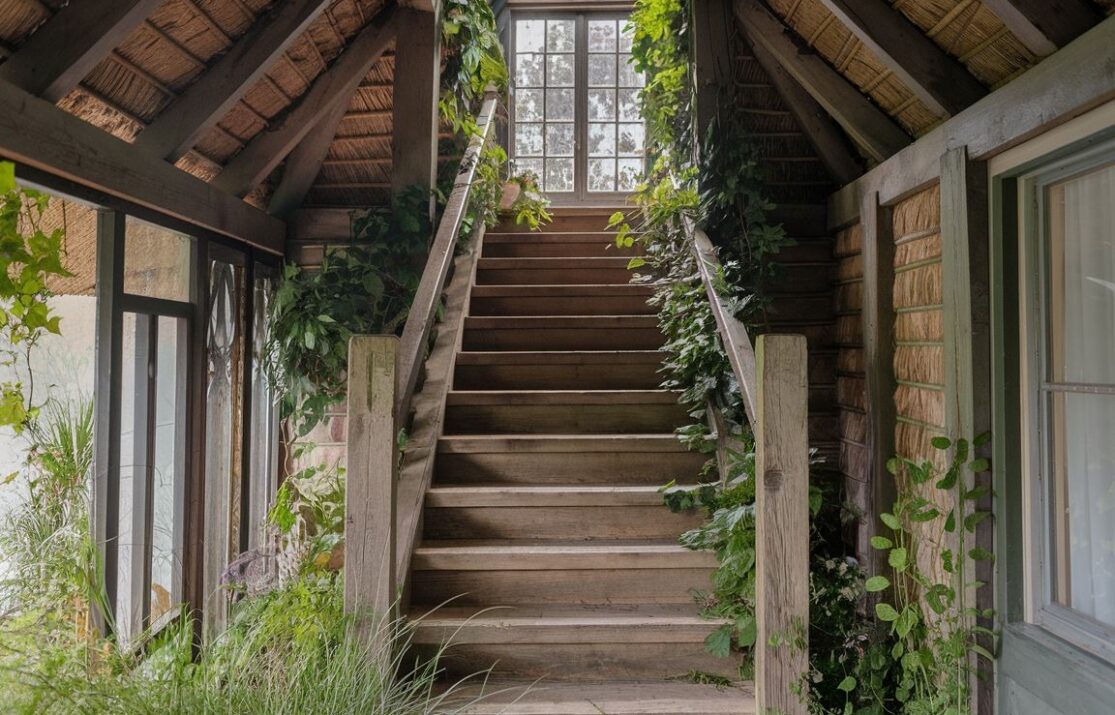 Schody w stylu rustykalnym prowadzące do tradycyjnego domku