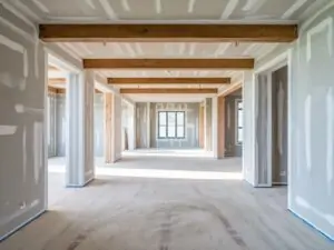Unfinished wnętrze domu z tynkami na ścianach