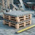 Widok na paletę pełną kostki brukowej na placu budowy