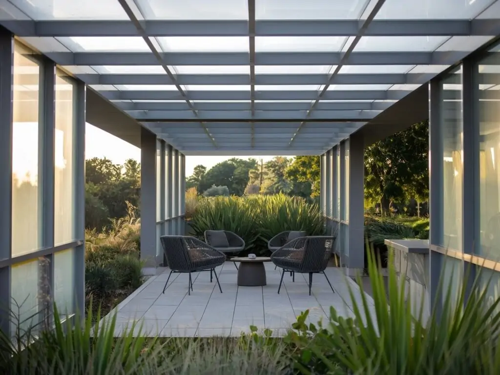 Widok na stylowy taras z zadaszeniem w ogrodzie