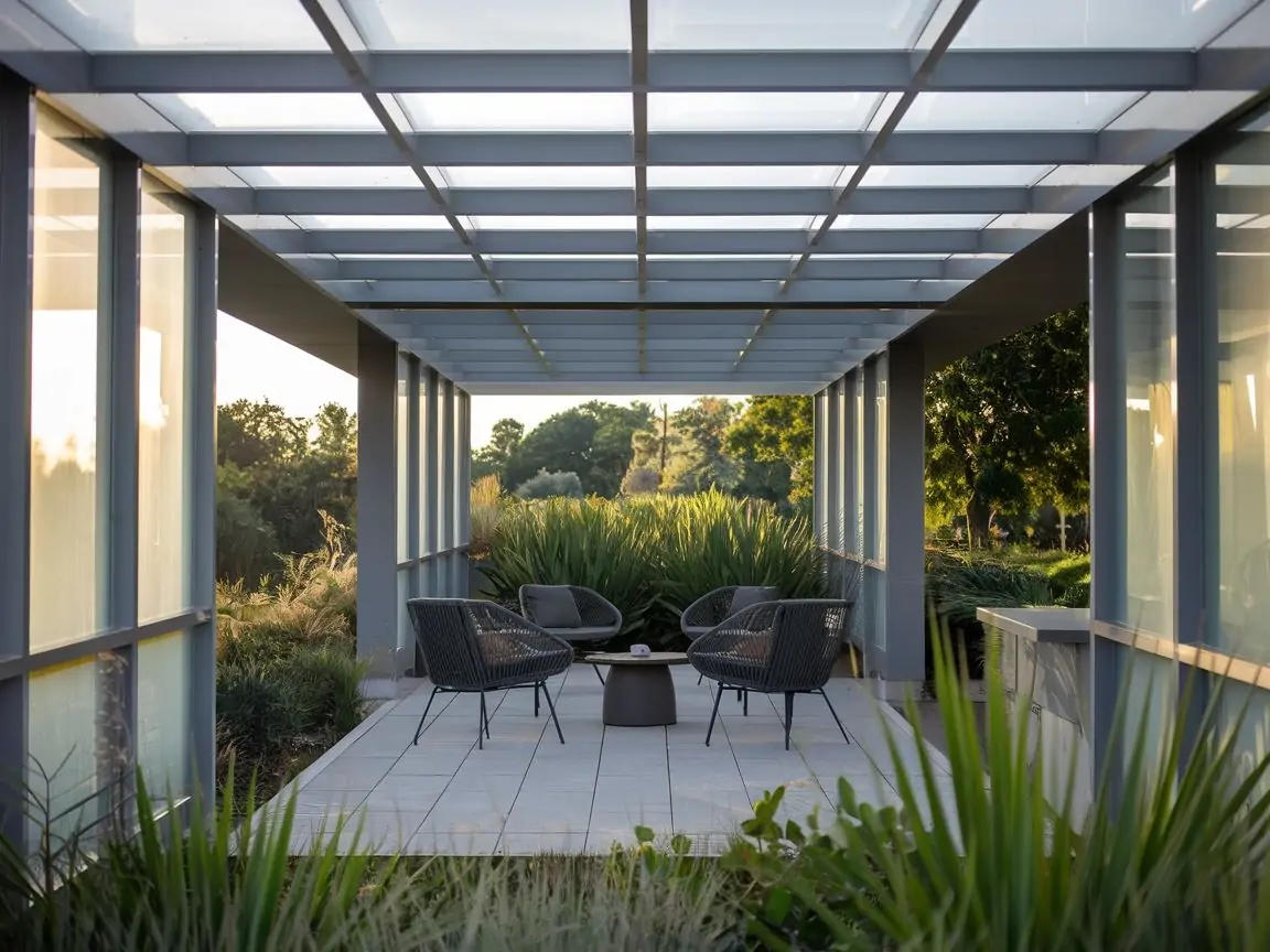 Widok na stylowy taras z zadaszeniem w ogrodzie