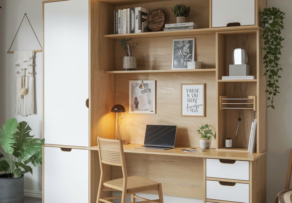Zabudowa ściany z miejscem na biurko i dekoracje