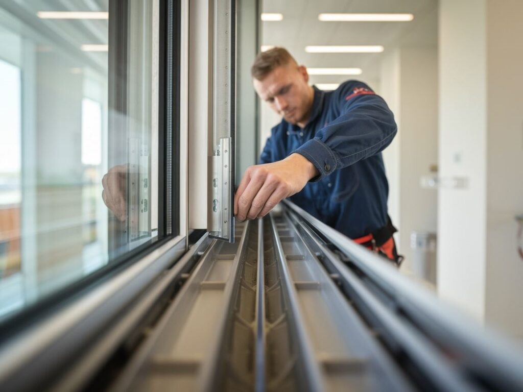 Zbliżenie na mechanizm okna podczas regulacji