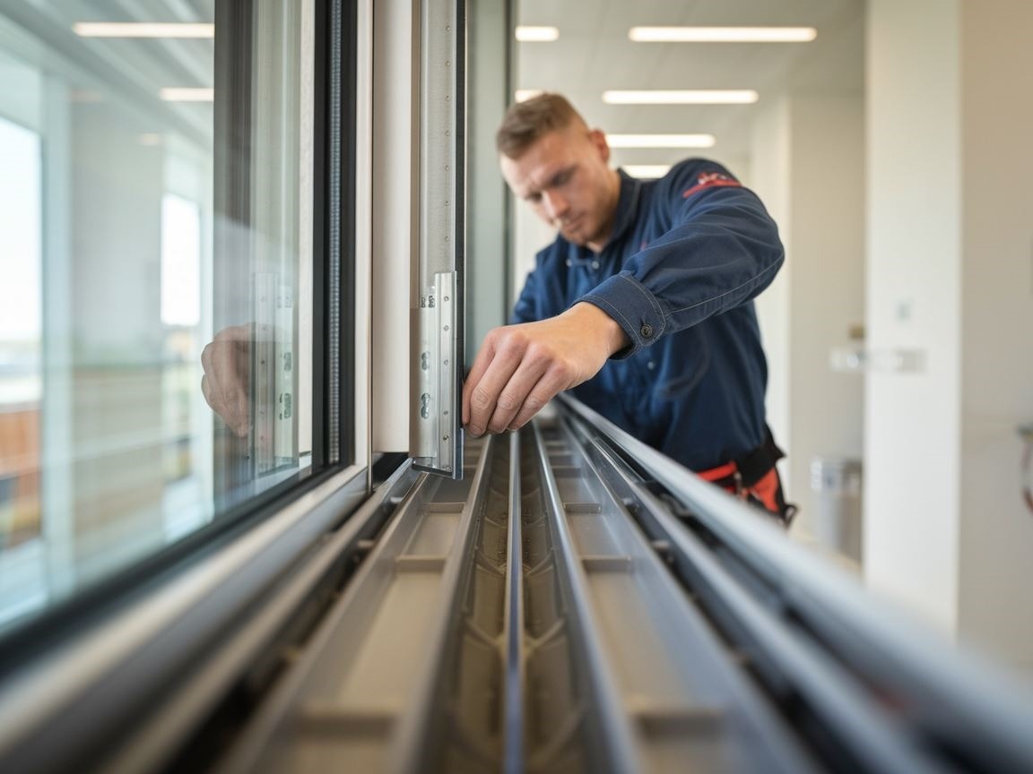 Zbliżenie na mechanizm okna podczas regulacji