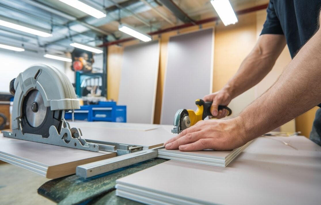 Zbliżenie na proces cięcia panelu PCV nożem technicznym