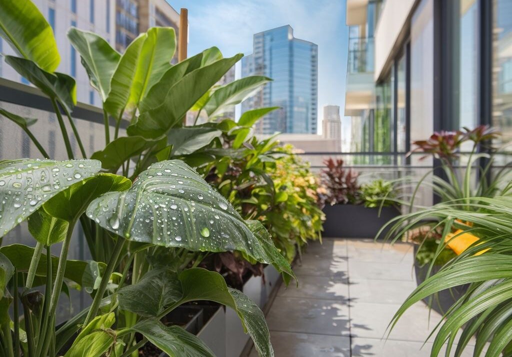 balkon z zielonymi roślinami i podlewaniem