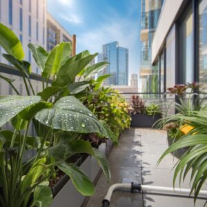 balkon z zielonymi roślinami i podlewaniem